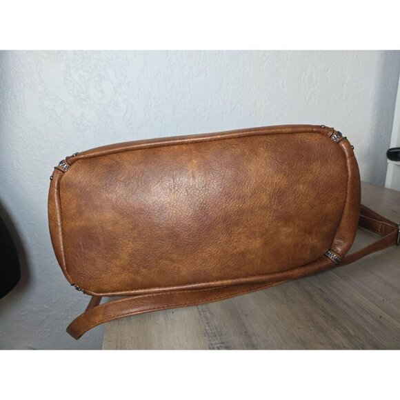Sam & Hadley Brown Faux Leather Double Zip Studded Design Shoulder Tote Bag - Picture 4 of 4